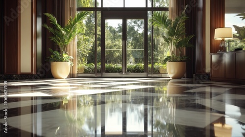 A sleek, polished lobby with large windows and lush green plants, showcasing modern interior design that seamlessly blends nature with architecture for a serene setting. photo