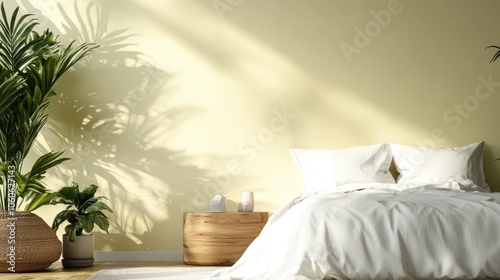 A serene minimalist bedroom featuring crisp white bedding, soft lighting, and lush green plants, set against a light cream wall, creating a peaceful retreat.