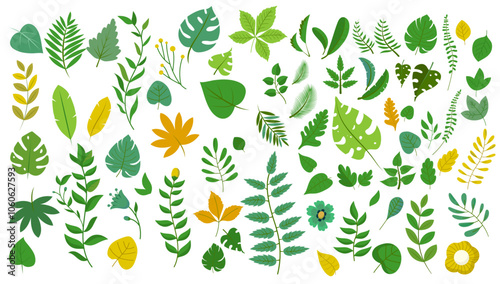 Leaves design element collection - Big vector set or bundle with leaf graphic elements and objects in flat design green and orange colours on white background