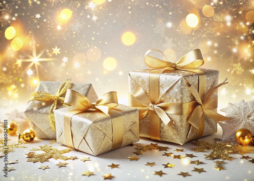 Magical Christmas Double Exposure with Golden Stars and Gift Boxes on a White Background for Holiday Cheer Magical Christmas Double Exposure with Golden Stars and Gift Boxes on a White Background for Holiday Cheer