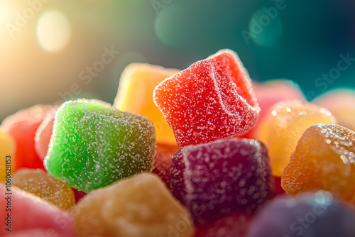 Colorful assortment of jelly beans are arranged on a table. The jelly beans are of various colors and sizes, creating a vibrant and playful scene. Concept of fun and indulgence photo