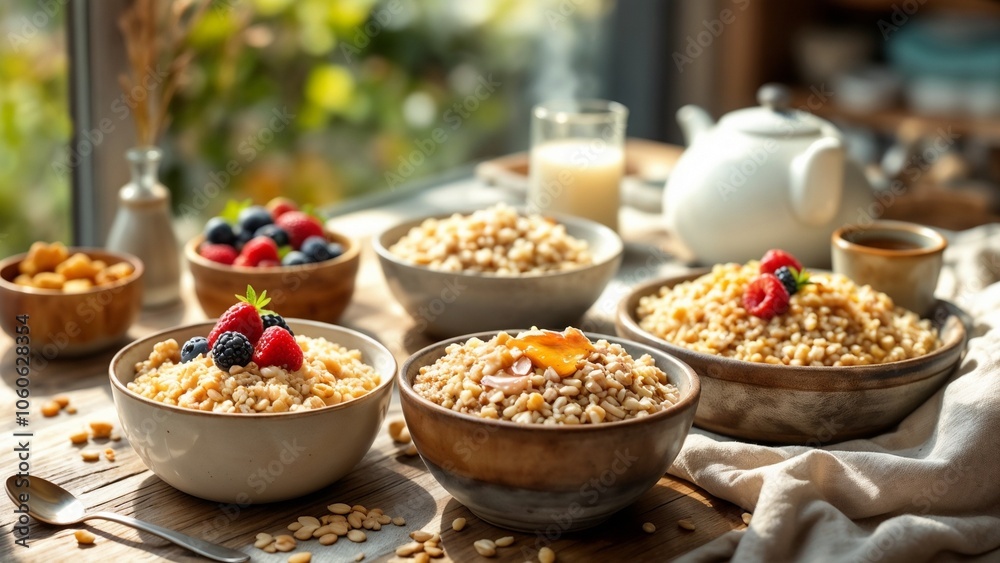 Delicious Low Glycemic Index Breakfast Bowls with Berries and Nuts on a Wooden Table Delicious Low Glycemic Index Breakfast Bowls with Berries and Nuts on a Wooden Table