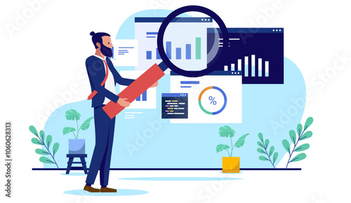 Business analytics - Businessman with magnifying glass analysing and inspecting data, charts, graphs and diagram trying to get insights and doing research for company finances. Flat design vector