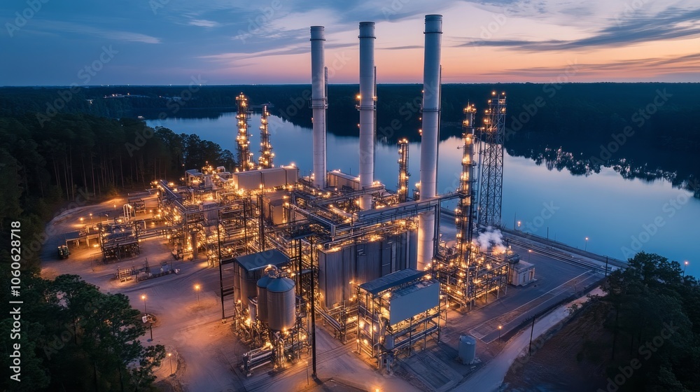 An aerial view of an industrial plant with tall chimneys and a large water body in the background at twilight.