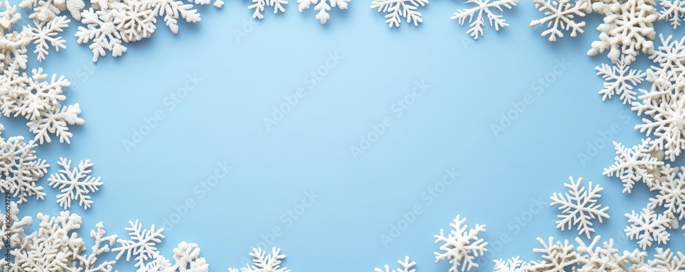 Snowflakes forming a border around a blue background, winter-themed frame