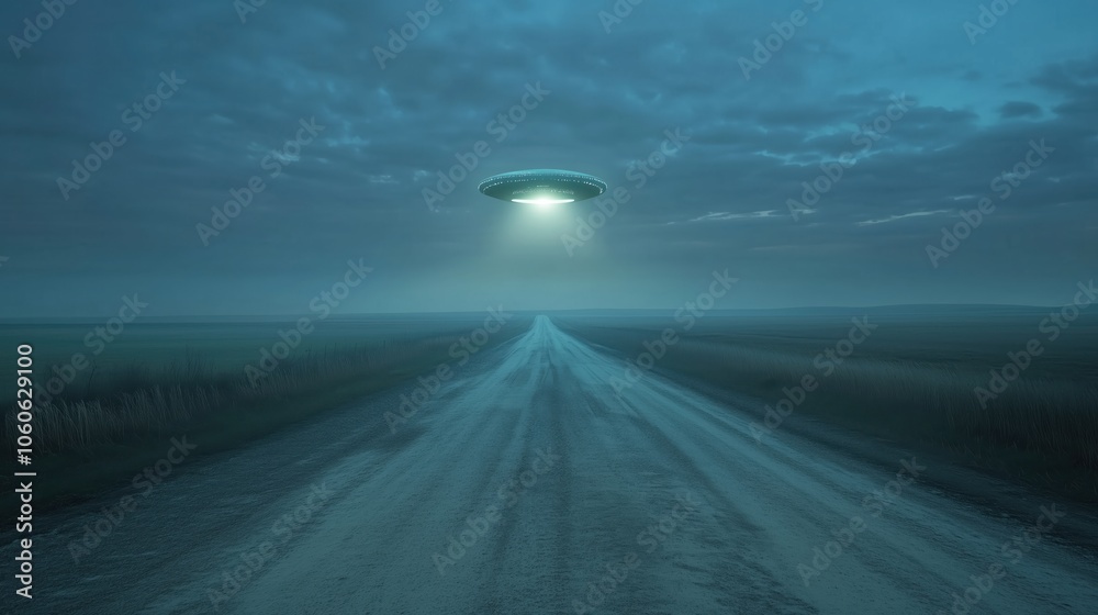 Fototapeta premium UFO Hovering Over Empty Rural Road at Dusk