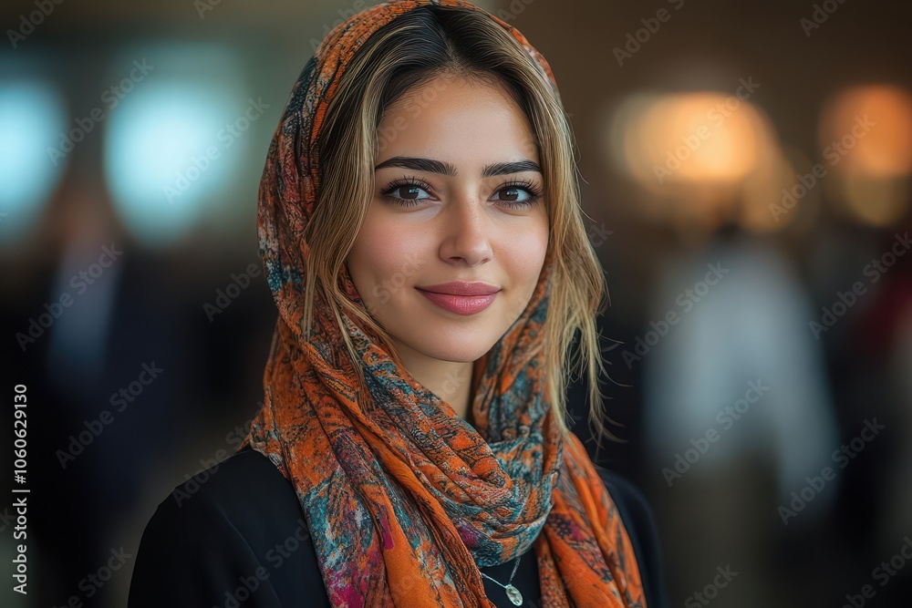 arab businesswoman confidently presenting a new product on stage at a conference illustrating innovation and leadership in digital transformation and sustainability arab businesswoman confidently presenting a new product on stage at a conference illustrating innovation and leadership in digital transformation and sustainability