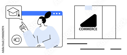 Person interacting with online educational content in a web browser, adjacent to a commerce icon. Ideal for e-learning, web development, remote education, digital marketing, online courses