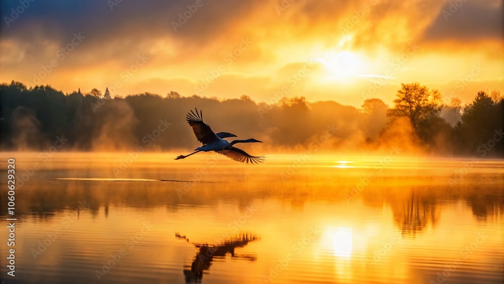 Obraz premium Majestic Bird Flying Over Foggy Lake at Sunrise - Serene Nature Scene with Tranquil Waters, Early Morning Light, and Mystical Atmosphere