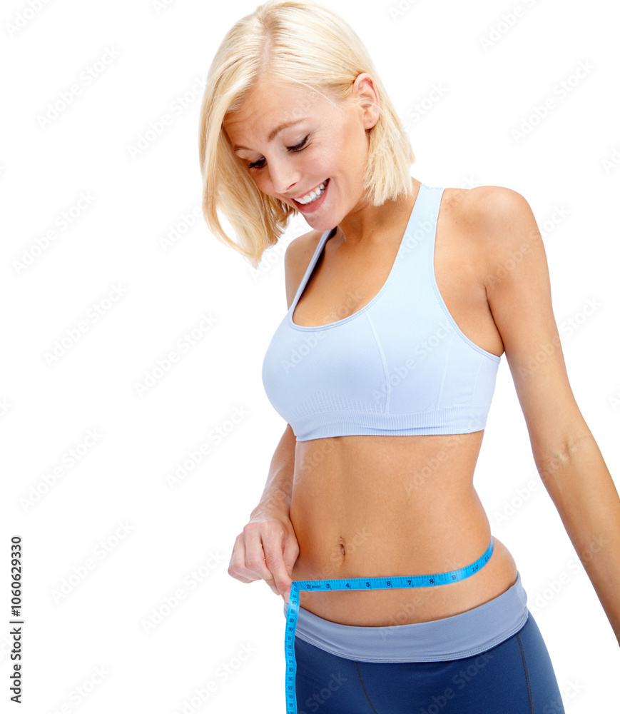 Woman, happy and tape measure in studio for lose weight, diet and healthy abdomen with wellness. Female person, smile and health progress, fitness and exercise on white background with detox results Woman, happy and tape measure in studio for lose weight, diet and healthy abdomen with wellness. Female person, smile and health progress, fitness and exercise on white background with detox results