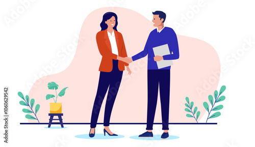People shaking hands at work - Two businesspeople, man and woman doing handshake in office at work while smiling over business agreement and deal. Flat design stock illustration on white background