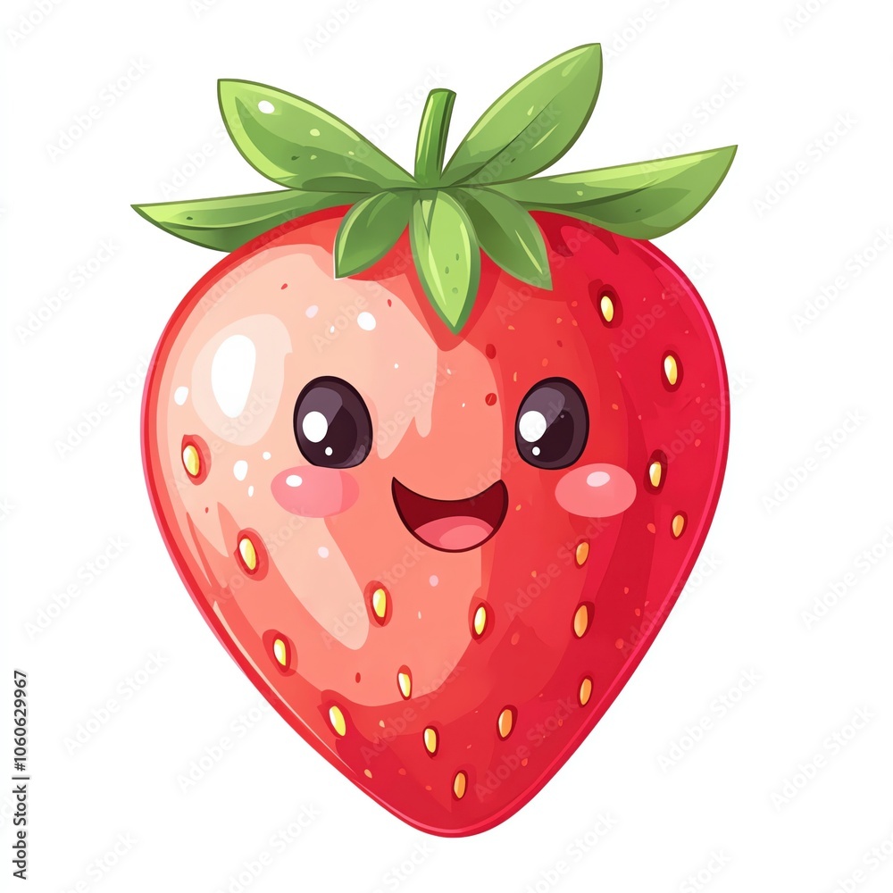 Obraz premium A smiling strawberry with shining eyes, the cute strawberry laughing sweetly, the cheerful strawberry glowing warmly, cartoonish style, isolated on white background.
