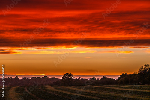 Spectacular, bright red evening sky over a field