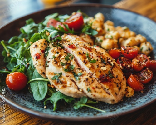 Delicious and Healthy Chicken Salad with Grilled Chicken Breast, Cherry Tomatoes, and Arugula, A Heart-Healthy Meal Full of Lean Protein and Fresh Vegetables Perfect for Weight Loss, Nutrition, and