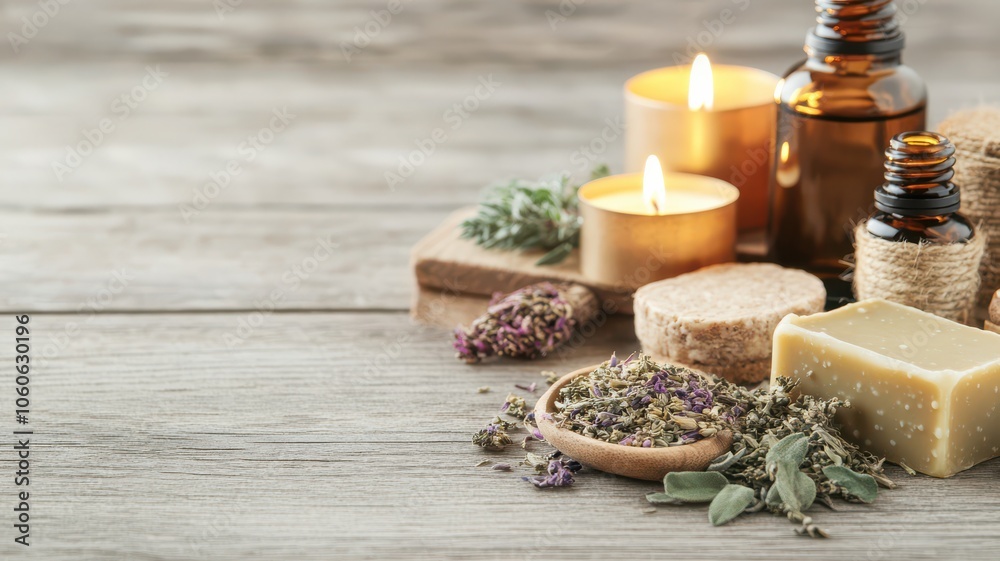 Relaxing scene of natural soaps, oils, and candles on a wooden surface, perfect for wellness, spa, and aromatherapy themes. Relaxing scene of natural soaps, oils, and candles on a wooden surface, perfect for wellness, spa, and aromatherapy themes.