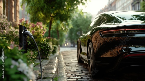 An elegant electric car charges at a station framed by lush flora, blending high-end technology with the serene beauty of nature in an urban environment. photo