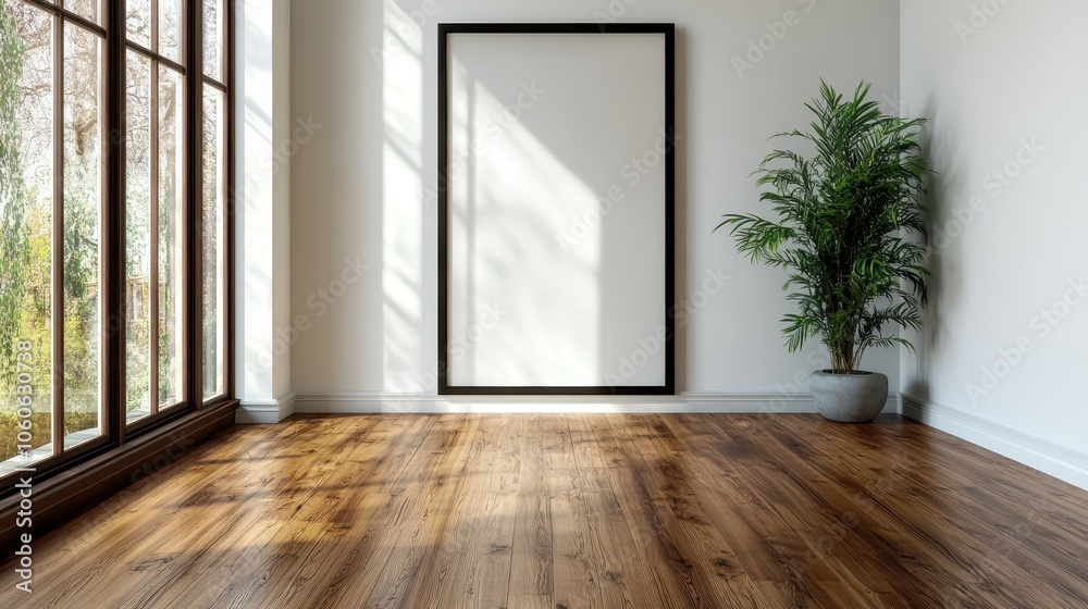 A grand mirror resting on the floor reflects sunlight across a spacious room with dark wooden flooring, creating an open, airy ambiance perfect for modern homes. A grand mirror resting on the floor reflects sunlight across a spacious room with dark wooden flooring, creating an open, airy ambiance perfect for modern homes.