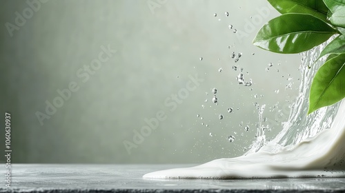 A refreshing splash of white liquid with green leaves details this image, invoking purity and freshness and a lively movement captured against a soft backdrop. photo