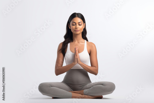 A young woman meditating in lotus pose in a white background 