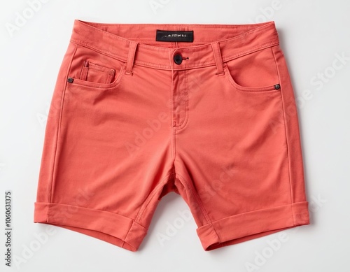 Stylish coral shorts for casual summer outings, featuring rolled cuffs and classic five-pocket design.