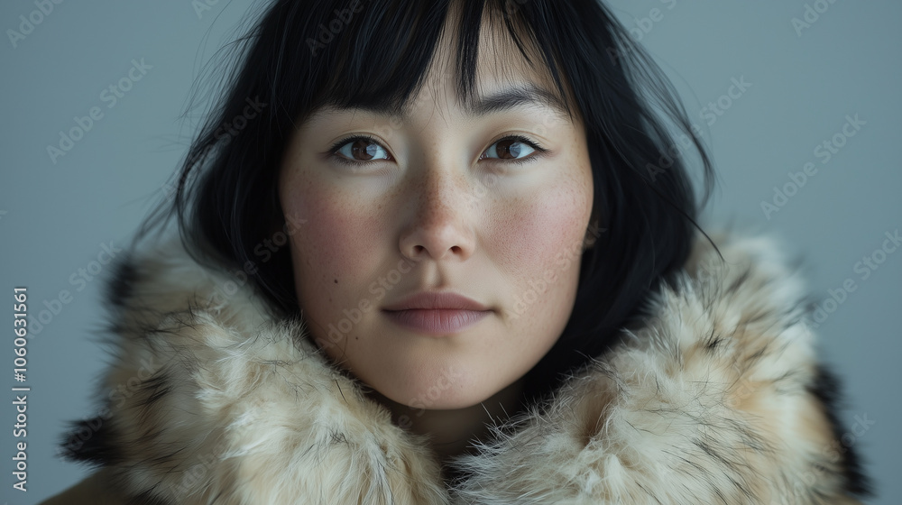 Portret 30-letniej Inuitki z czarnymi włosami, ubranej w tradycyjną, futrzaną odzież, ukazuje jej naturalne piękno i siłę charakteru. Portret 30-letniej Inuitki z czarnymi włosami, ubranej w tradycyjną, futrzaną odzież, ukazuje jej naturalne piękno i siłę charakteru.