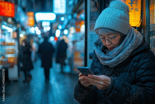 Woman in a Winter Coat Using a Smartphone in a City Street at Night