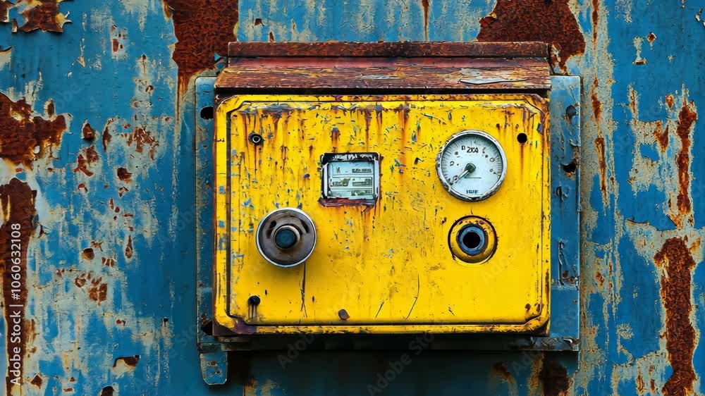A yellow control panel with gauges and a knob is attached to a blue, rusty wall