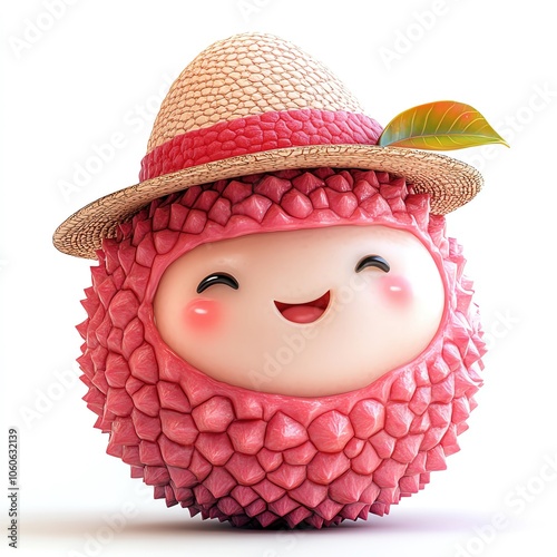 A smiling lychee with a tiny hat, the cute lychee with twinkling eyes, the cheerful lychee filled with delight, the joyful lychee laughing sweetly, cartoonish style, isolated on white background. photo