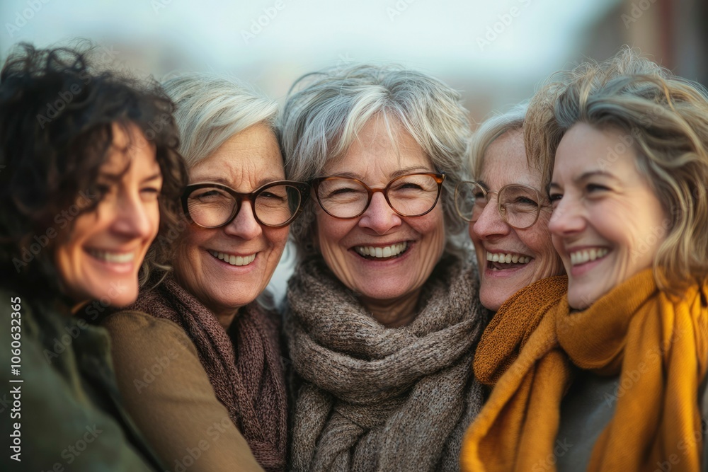 Four Women Smiling and Hugging, Wearing Scarves and Glasses Four Women Smiling and Hugging, Wearing Scarves and Glasses