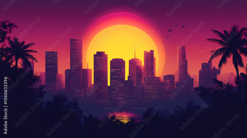Fototapeta premium Vibrant Synthwave Cityscape: Neon Anime and Manga Art