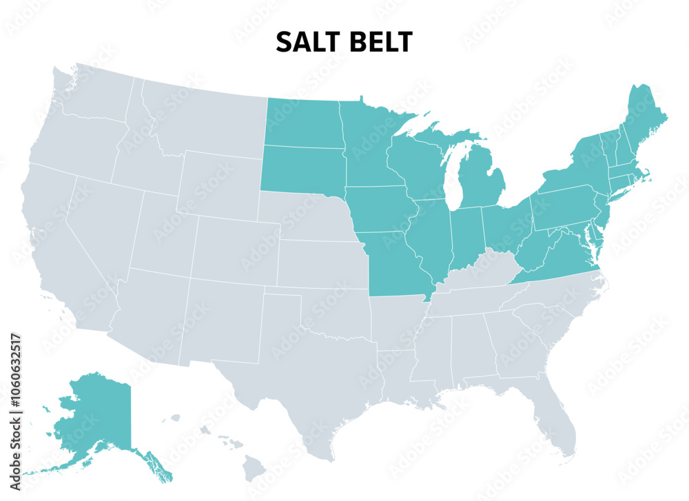 Fototapeta premium Salt Belt of the United States, political map. U.S. region in which road salt is used in winter to control snow and ice. Other states are also considered to be part, but use less corrosive substances.