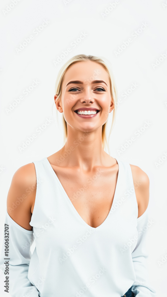 young woman with blonde hair smiles brightly a white top young woman with blonde hair smiles brightly a white top