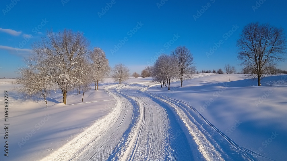 Obraz premium Snowy pathway winding through trees under a bright blue sky