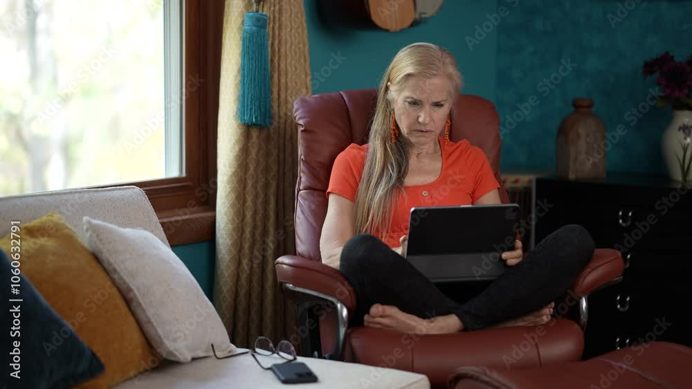 Mature woman with long blonde hair, wearing an orange shirt, glasses, and bracelets, sits in a brown leather recliner. She is using a black tablet and has her feet up on the chairs footrest. 