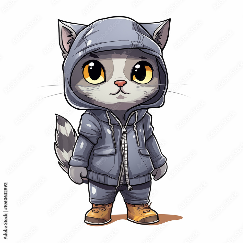 A cute cartoon cat wearing a hoodie and boots stands confidently in a playful pose A cute cartoon cat wearing a hoodie and boots stands confidently in a playful pose