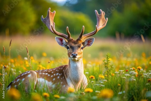 Majestic Male Fallow Deer Laying in a Serene Meadow - Wildlife Photography of Nature's Beauty and Tranquility