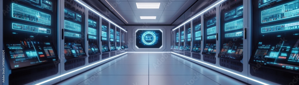 Futuristic data center hallway with advanced technology displays glowing in blue light, showcasing a modern digital environment. Futuristic data center hallway with advanced technology displays glowing in blue light, showcasing a modern digital environment.