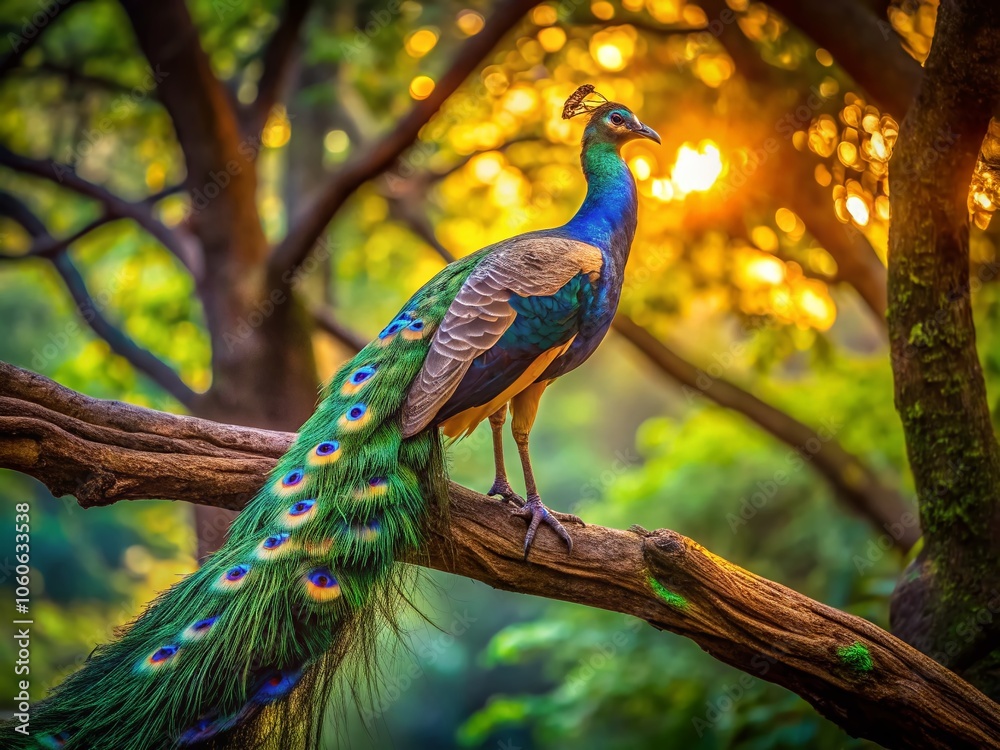Obraz premium Majestic Peacock Resting on a Tree Branch at Dusk – Captivating Low Light Photography with Vibrant Feathers and Tranquil Natural Setting