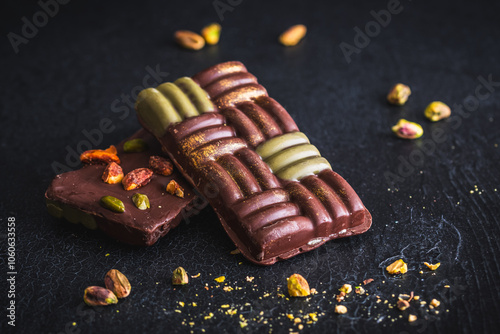 Dubai chocolate with pistachio cream, kadayif and pistachios on dark background photo