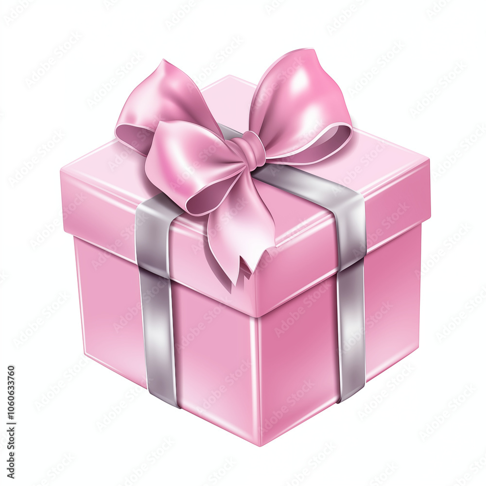 A beautifully wrapped pink gift box with a shiny bow sitting against a plain background A beautifully wrapped pink gift box with a shiny bow sitting against a plain background