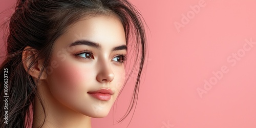 Close-up Portrait of a Young Woman with Long Black Hair and Soft Makeup