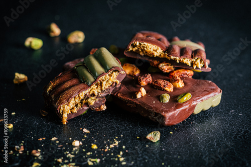 Dubai chocolate with pistachio cream, kadayif and pistachios on dark background