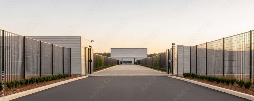 Fototapeta premium Modern facility entrance with a clear pathway, surrounded by security fencing under a serene sky at sunset.