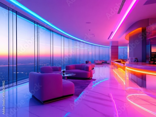 Stunning modern interior with vibrant lighting, showcasing a panoramic view of the sunset from a luxurious high-rise space.