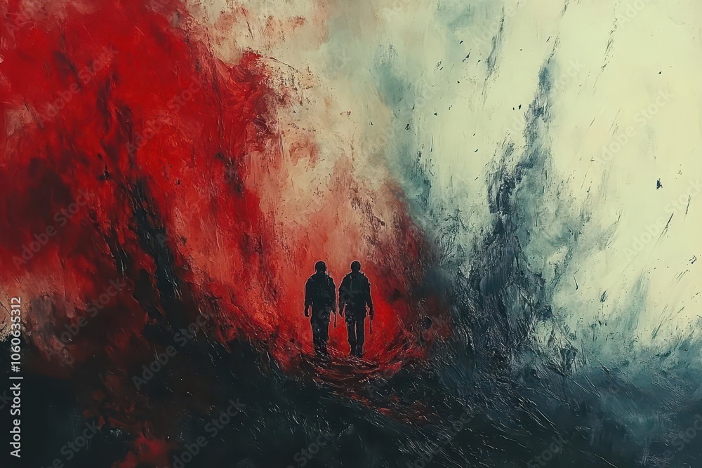 artistic representation of war conveying the chaos and desolation of ...