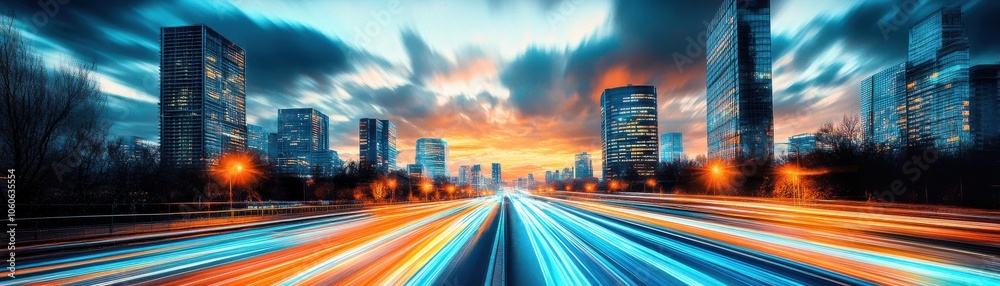 Vibrant cityscape at dusk showcasing dynamic traffic movement and illuminated skyscrapers under a dramatic sky. Vibrant cityscape at dusk showcasing dynamic traffic movement and illuminated skyscrapers under a dramatic sky.