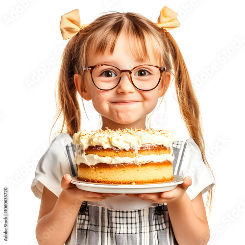 little caucasian girl kid celebrating birthday or first day of school holding big cake. happy smiling school child with pigtails and glasses highlighted by white, png photo