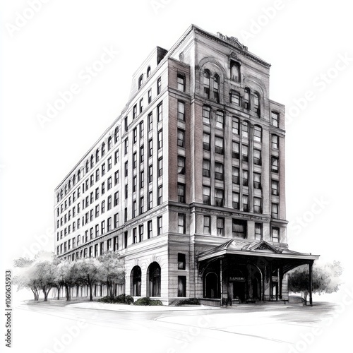 A detailed pencil drawing of a grand historic building with a large entrance.