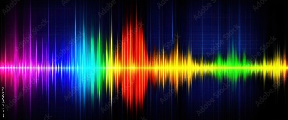 colorful sound waves, vibrant spectrum, audio visualization, neon lights, digital equalizer, rainbow colors, abstract music background, glowing energy lines, dynamic waveform, futuristic audio display