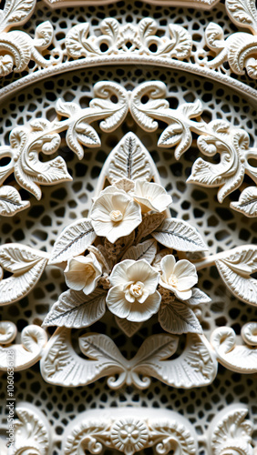 intricately carved white floral design